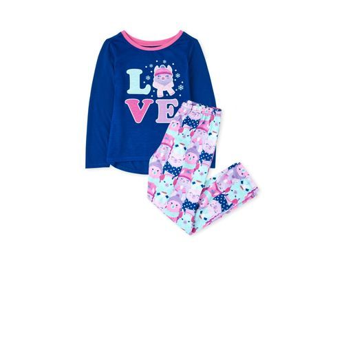 Girls Love Llama Snug Fit Cotton Pyjamas Sleepwear-Blue Pink