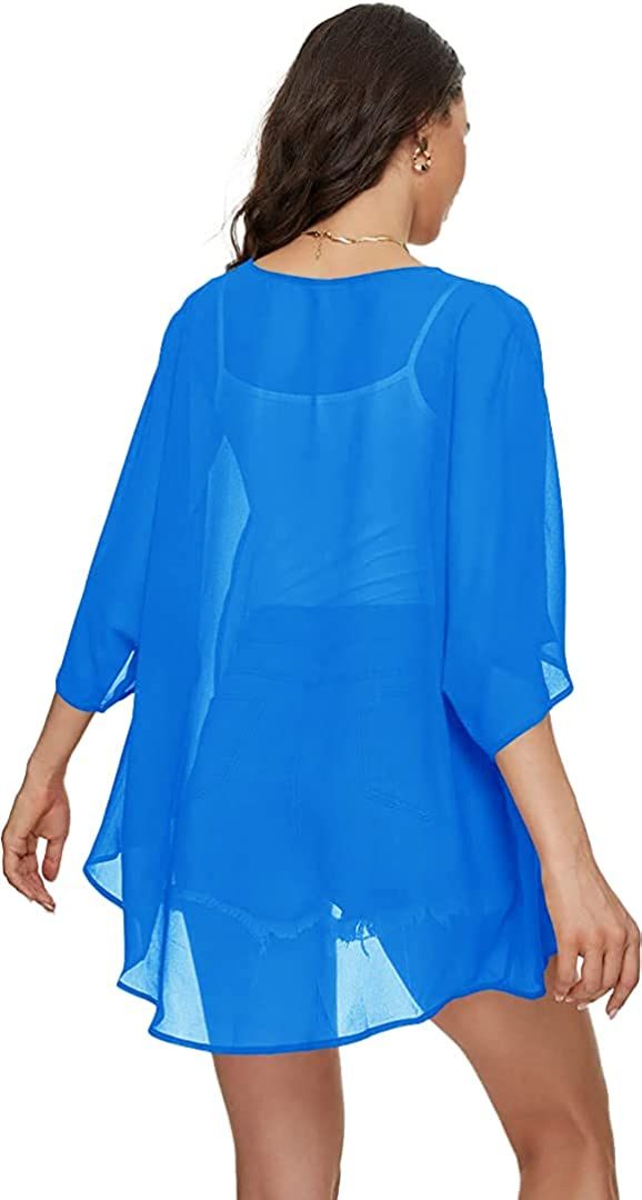 Blue Light Weight Open Front Kimono Jacket Women Cover Up Swim Top Blouse Shirt