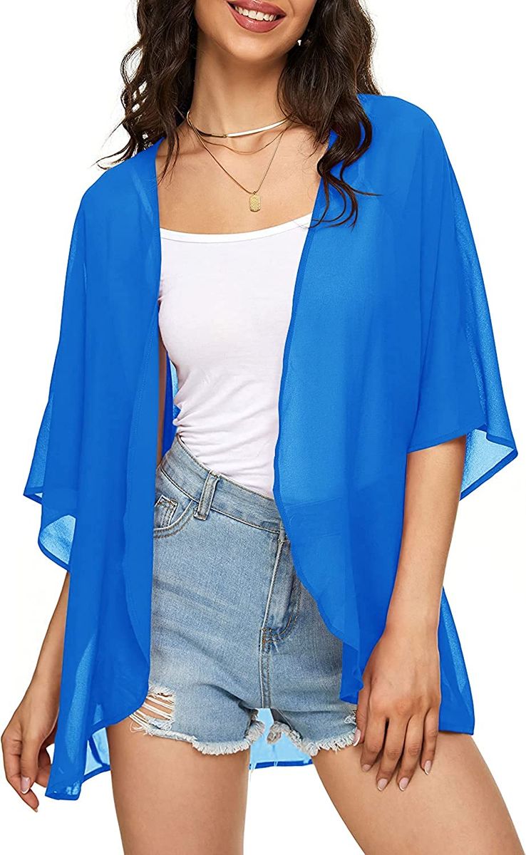 Blue Light Weight Open Front Kimono Jacket Women Cover Up Swim Top Blouse Shirt
