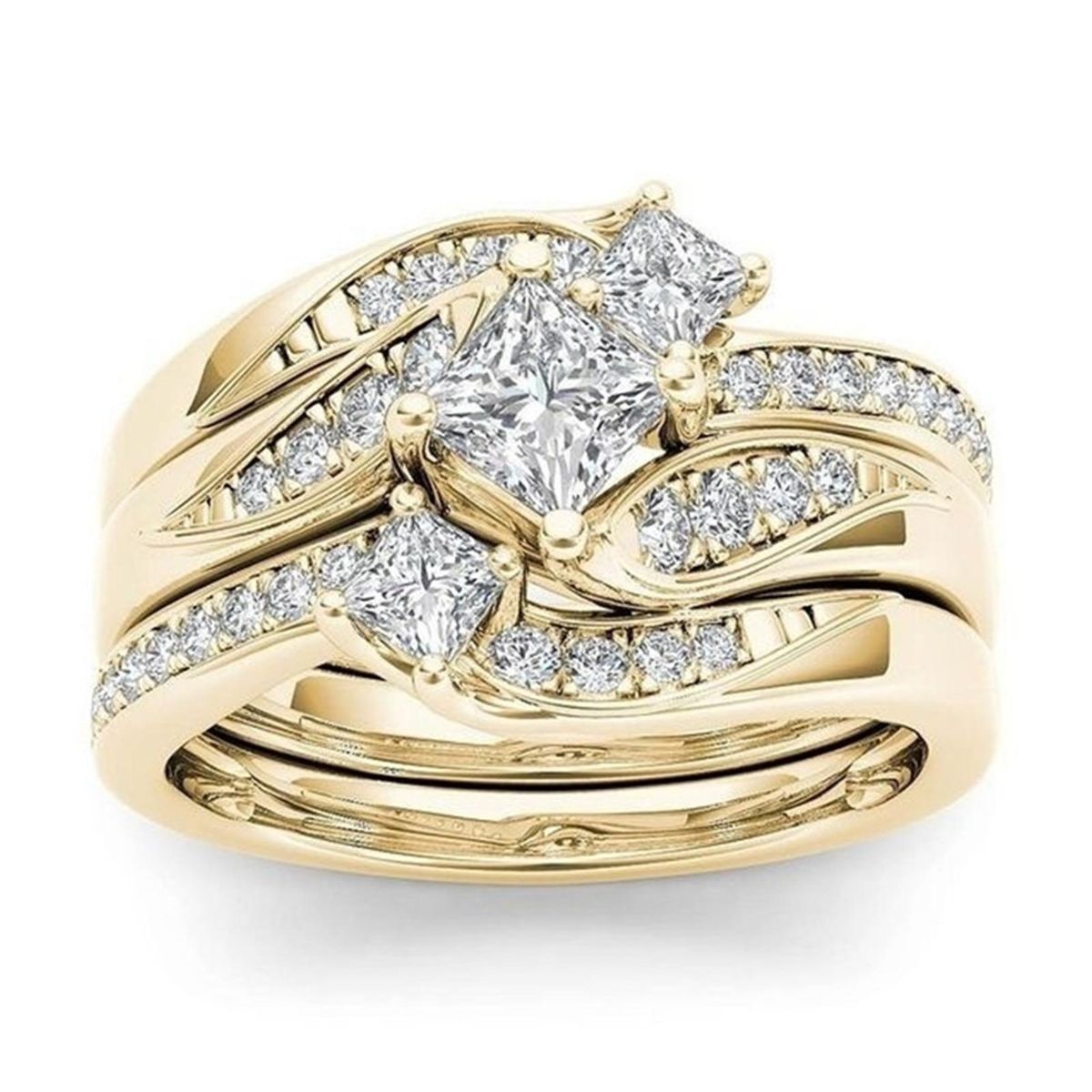 3PcsSet Ladies Rings Plated Cubic Zirconia Wedding Rings Golden