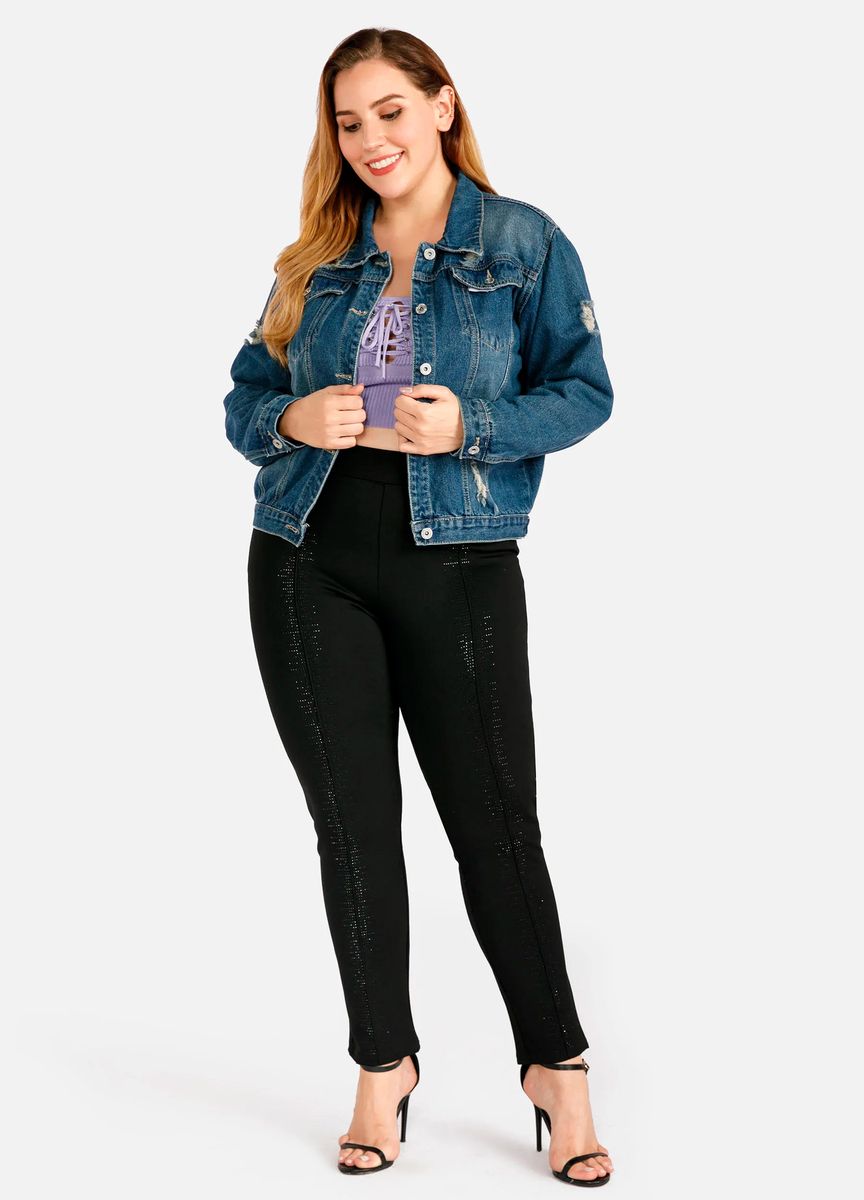 Women's Fall Button Front Ripped Crop Dark Wash Denim Jacket