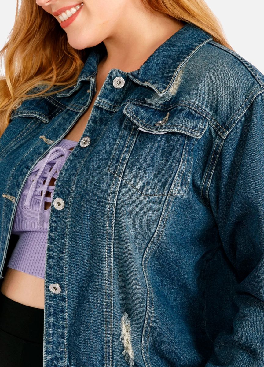 Women's Fall Button Front Ripped Crop Dark Wash Denim Jacket