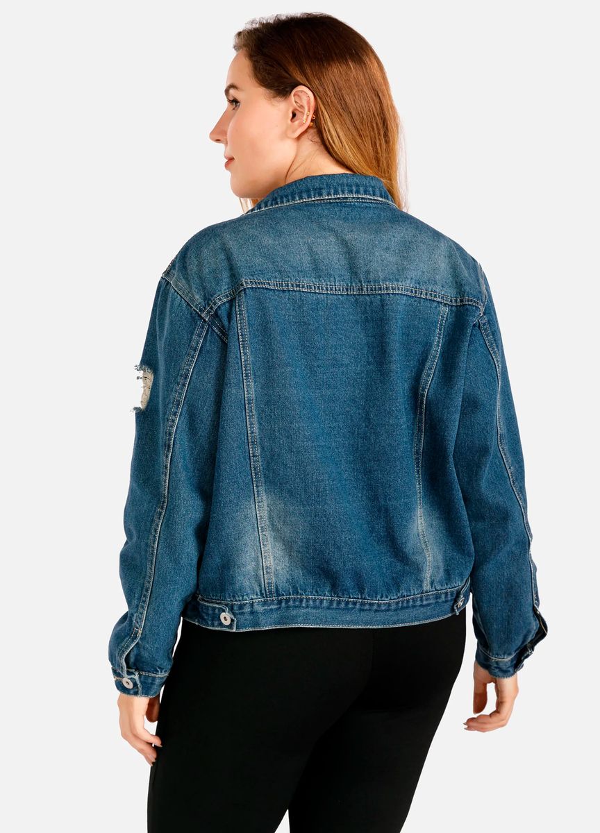 Women's Fall Button Front Ripped Crop Dark Wash Denim Jacket