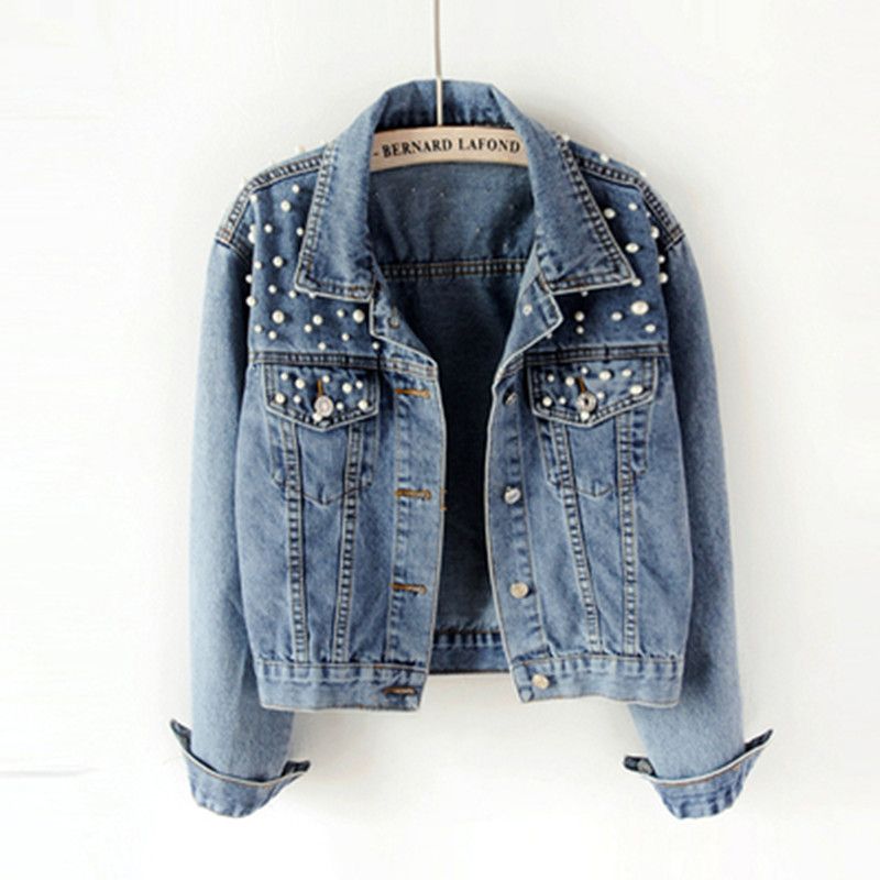 Spring Pearl Beading Crop Denim Jackets
