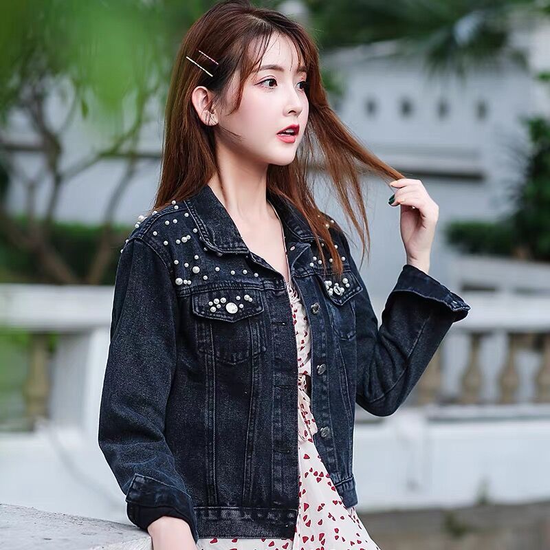 Spring Pearl Beading Crop Denim Jackets