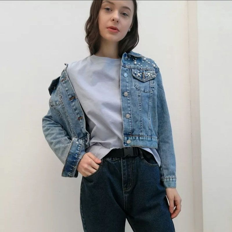 Spring Pearl Beading Crop Denim Jackets