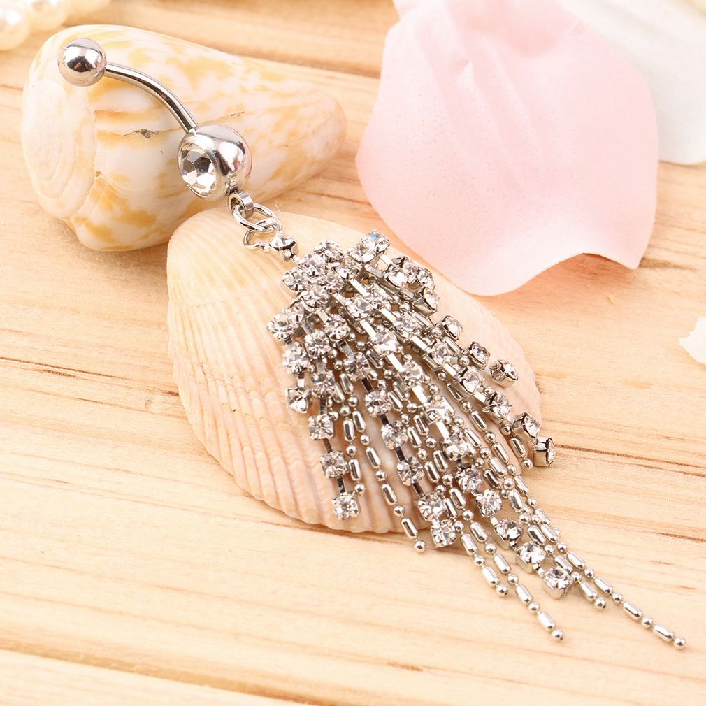 Fashionable Tassel Diamond Nail Hoop Belly Ring Navel Pendants Body Jewelry-silver
