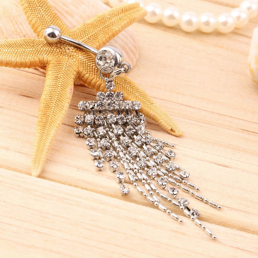 Fashionable Tassel Diamond Nail Hoop Belly Ring Navel Pendants Body Jewelry-silver