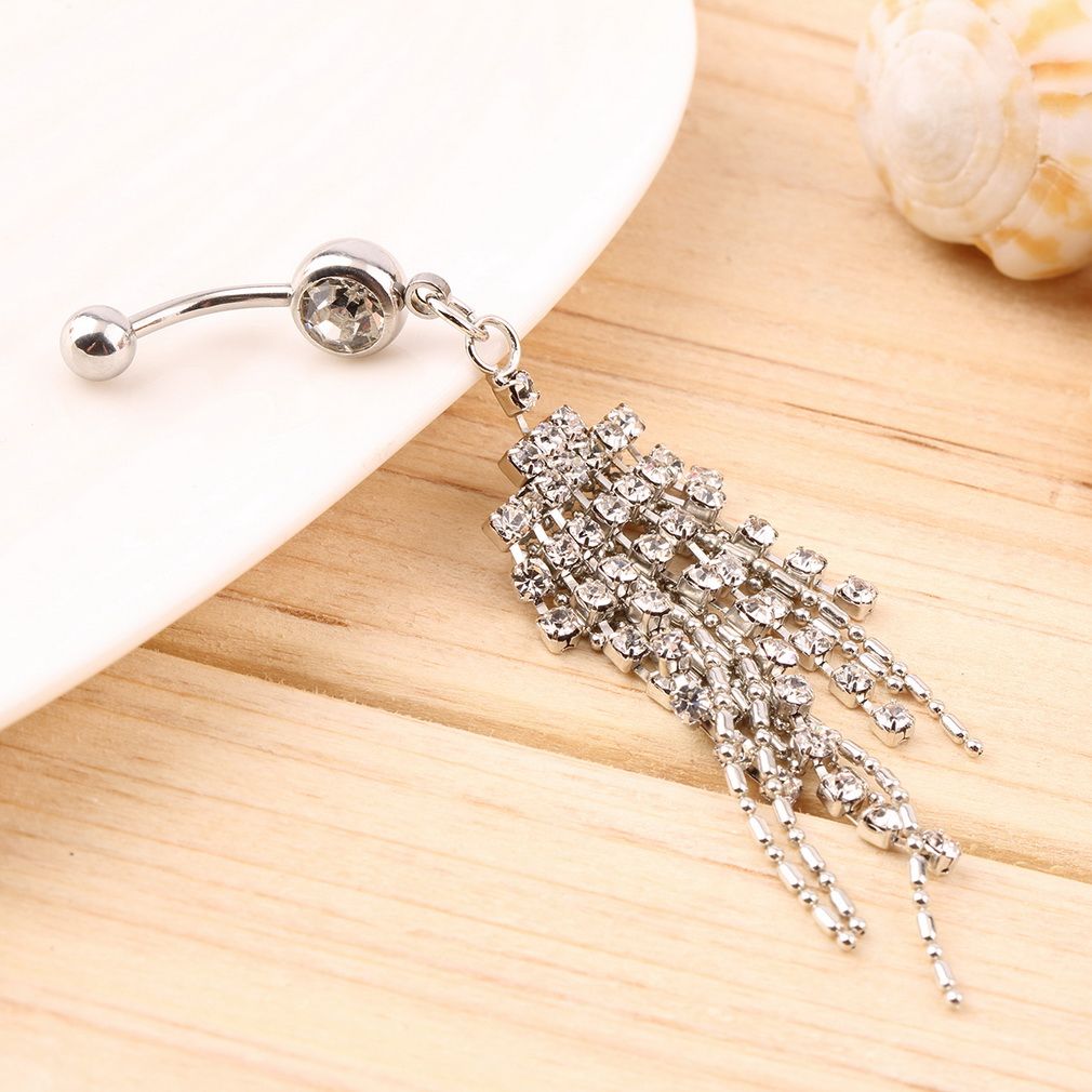 Fashionable Tassel Diamond Nail Hoop Belly Ring Navel Pendants Body Jewelry-silver
