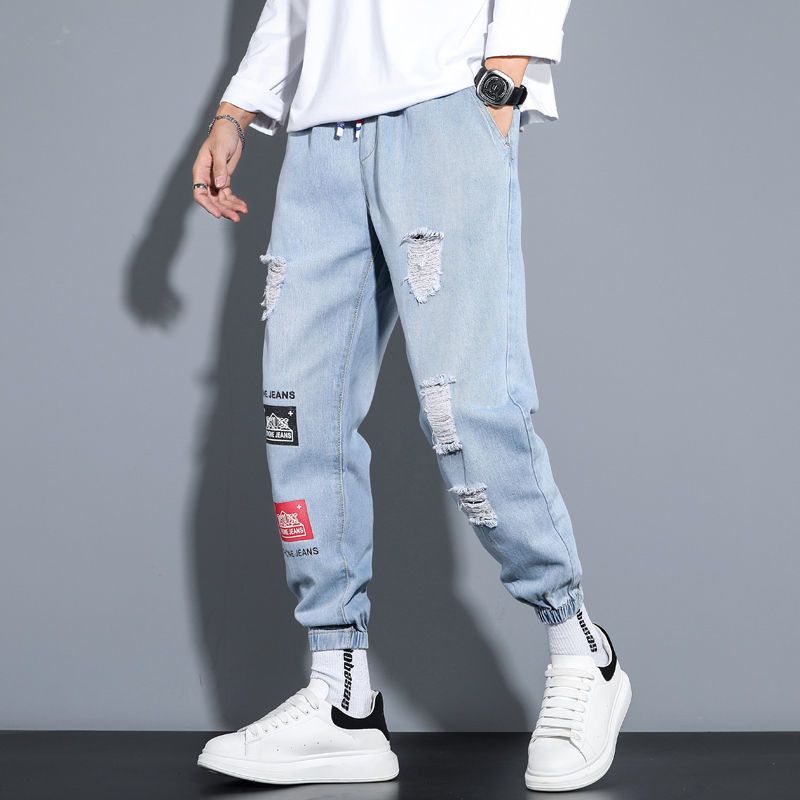 Korean Style Casual Print Loose-Fitting Trousers-Light Blue