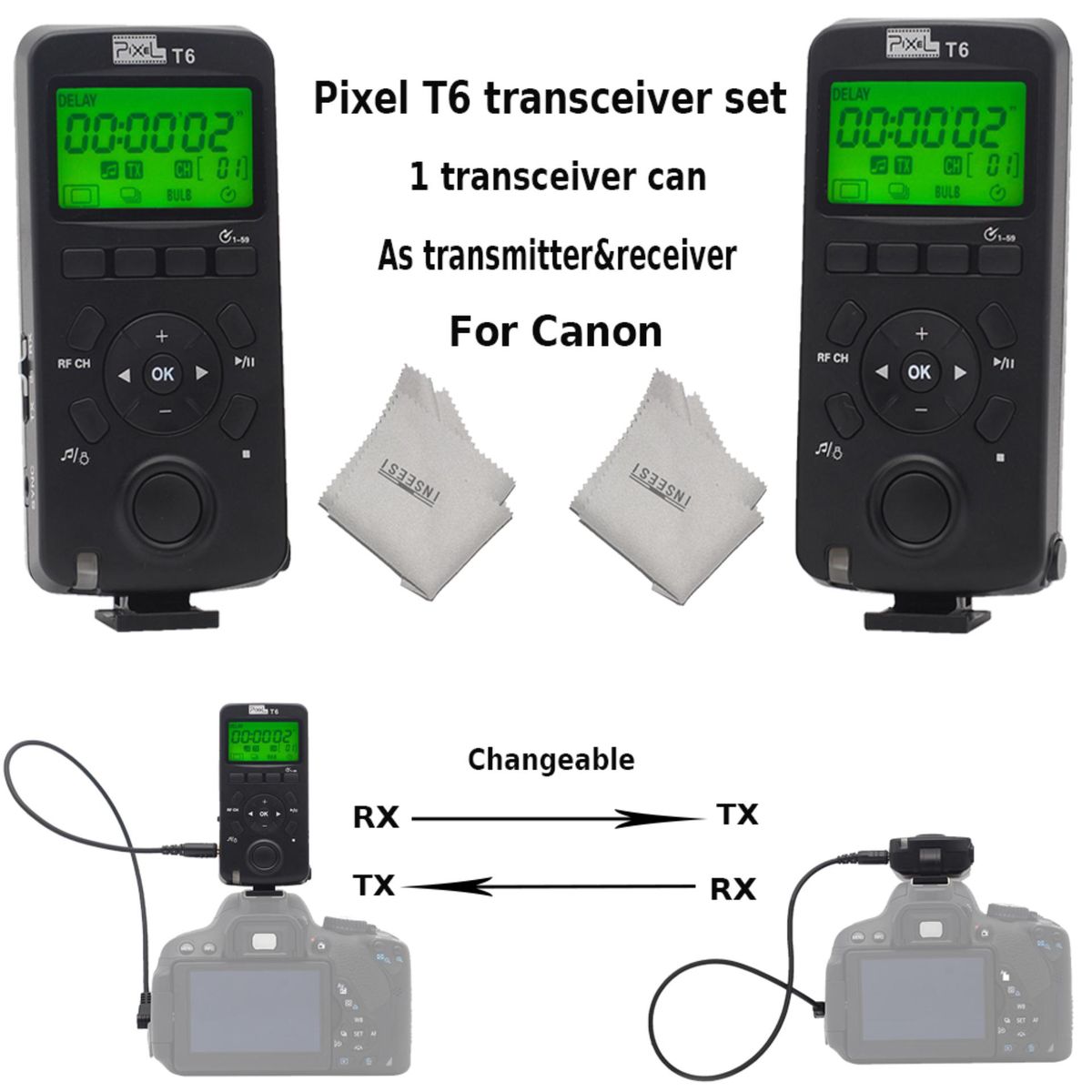 Pixel T6 N3 E3 Cable FSK 2.4GHz Wireless LCD Display Transceiver Timer Shutter Release Remote Control Compatible With 5D Mark IV 1300D 1100D 1000D 650D 600D 550D 500D 450D 60D Cameras+INSEESI Lens Cloth CUIII