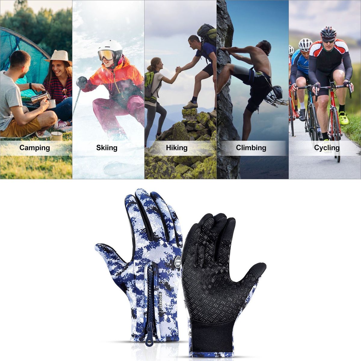 Zipper Winter Running Gloves For Men Women Thermal Hand