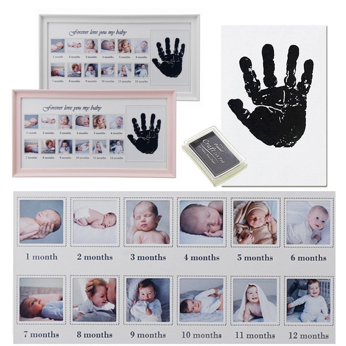 Photo Frame Baby First Year 12 Month Newborn Footprint Handprint Picture Record Pink