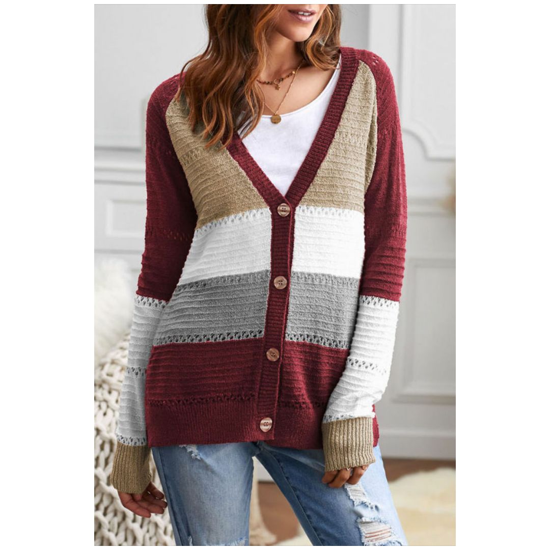Mfed Red V Neck Color Block Button Closure Eyelet