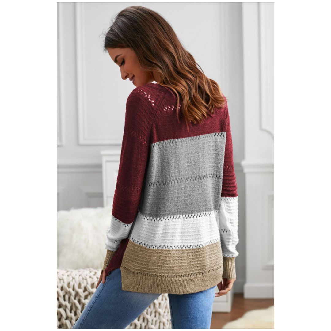 Mfed Red V Neck Color Block Button Closure Eyelet