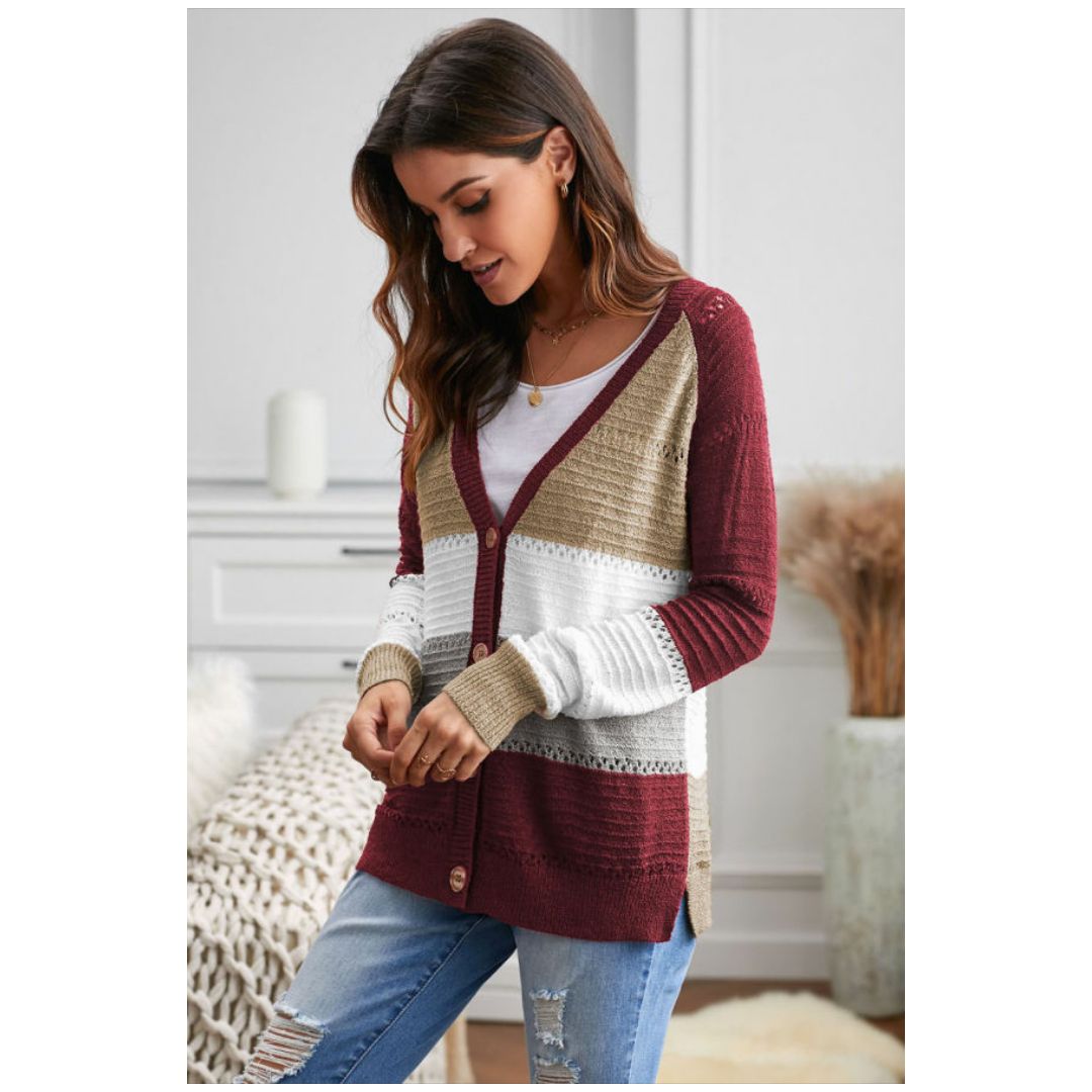 Mfed Red V Neck Color Block Button Closure Eyelet