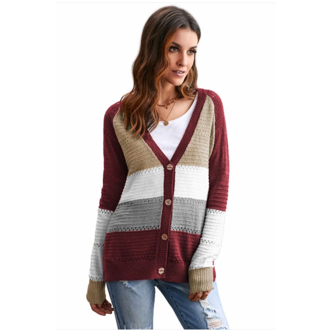 Mfed Red V Neck Color Block Button Closure Eyelet