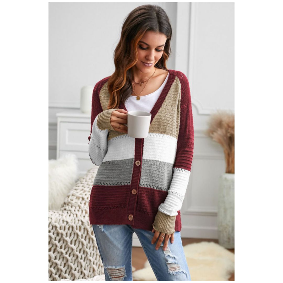 Mfed Red V Neck Color Block Button Closure Eyelet