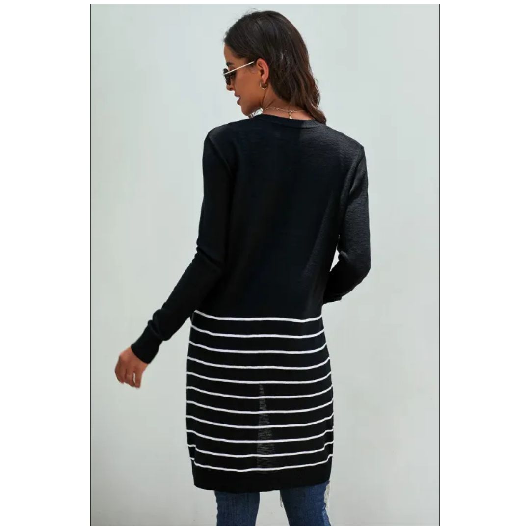 R Black Open Front Long Sleeve Striped Cardigan
