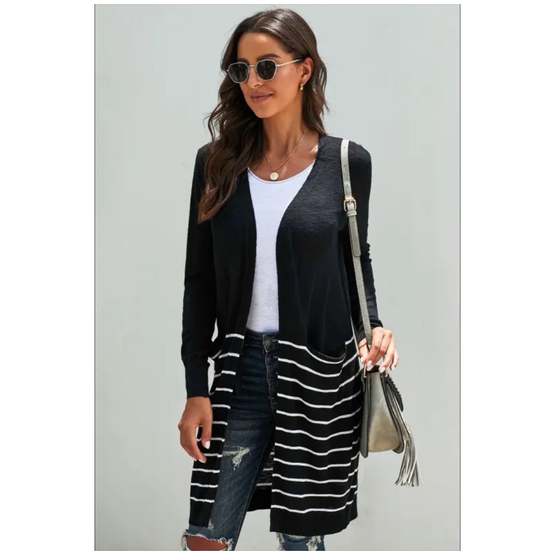 R Black Open Front Long Sleeve Striped Cardigan