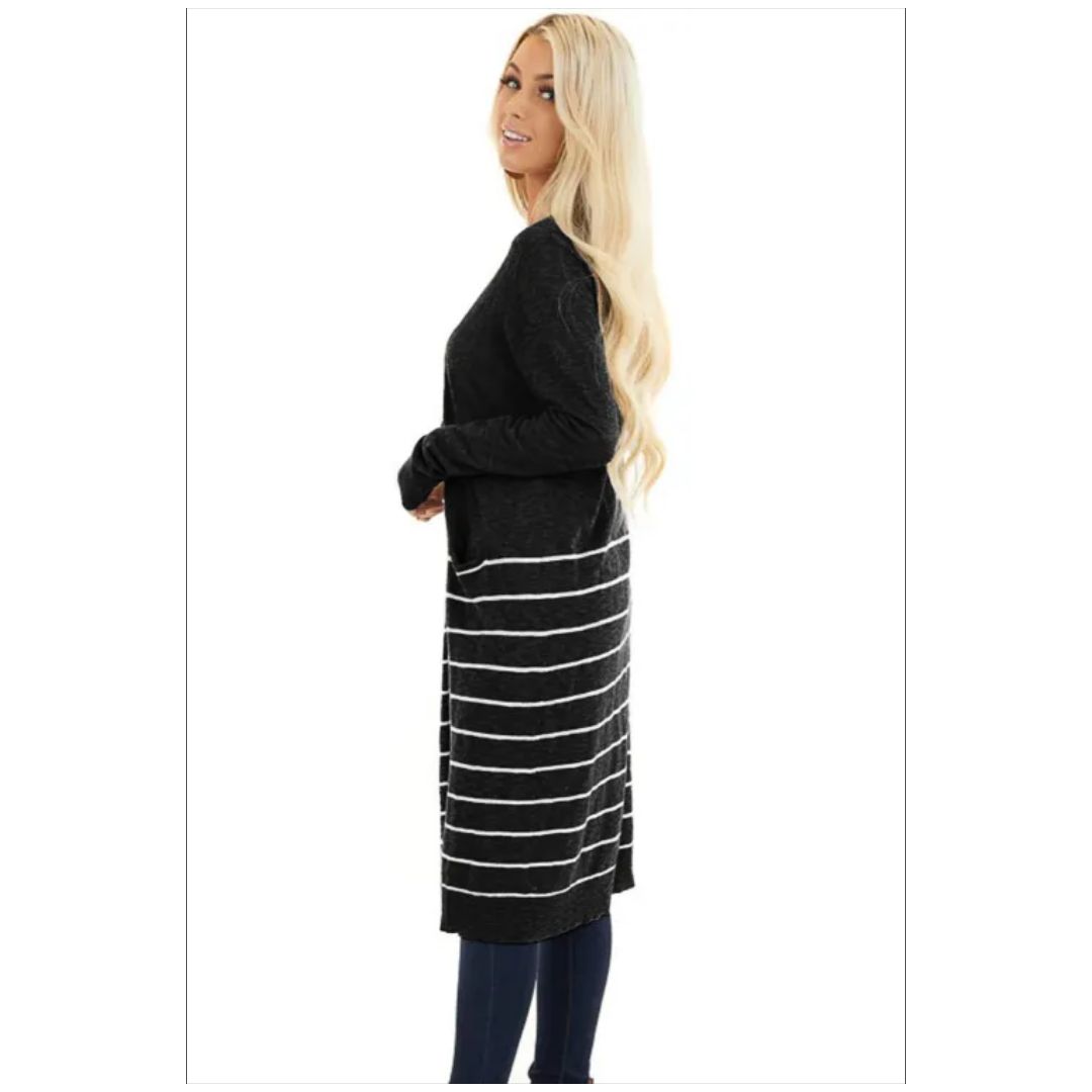 R Black Open Front Long Sleeve Striped Cardigan