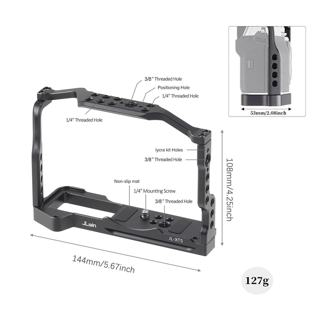 JLwin Protective Camera Cage Aluminum Alloy with Cold Shoe Mount Magnetic Wrench Slot Numerous 1/4in And 3/8in Threaded Holes Compatible with FUJIFILM X-T5 Camera