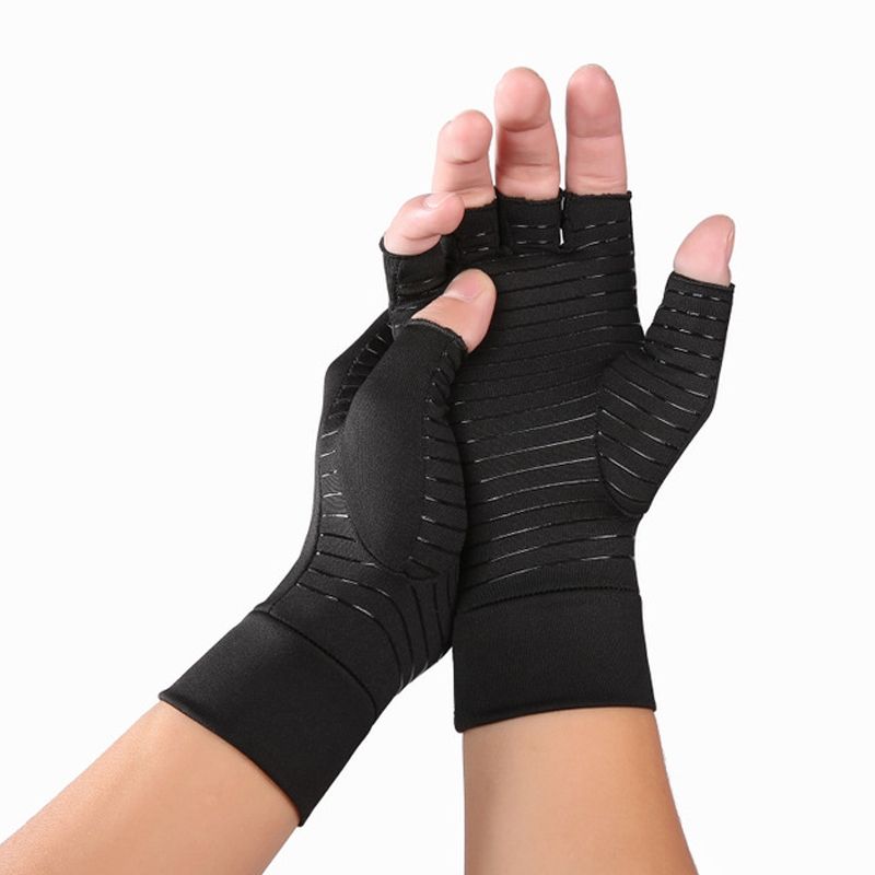 Black Fiber A Pair Sports Breathable Health Care Half Finger Gloves Rehabilitation Training Arthritis Pressure Gloves, Size:L