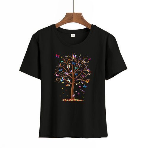 Ladies Short Sleeve T-shirt Butterfly Tree Design Black