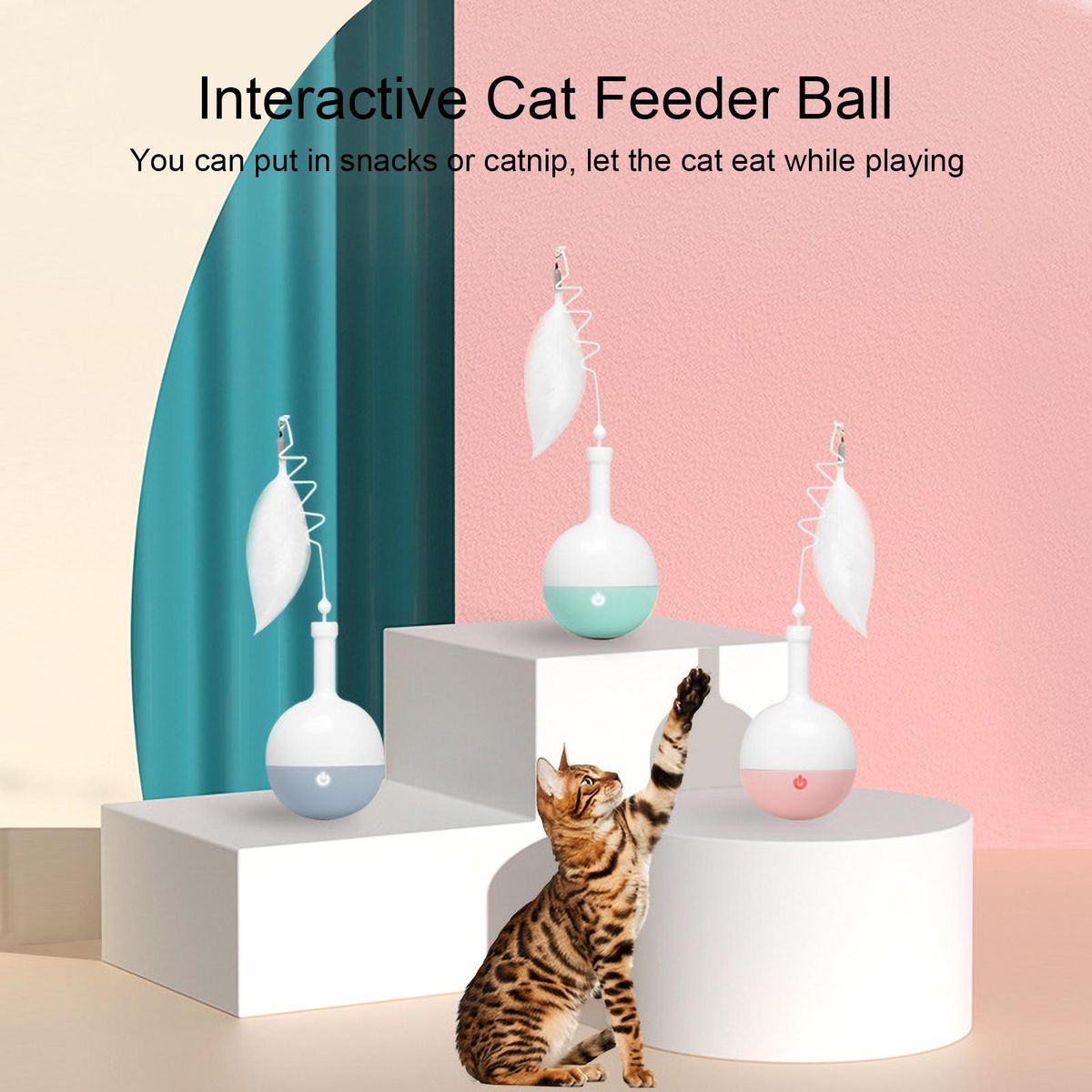 Interactive Cat Feeder Ball with Feather Slow Feeder Food Dispenser Ball Indoor Cat Ball Toys Self Rotating Ball for Daily Training