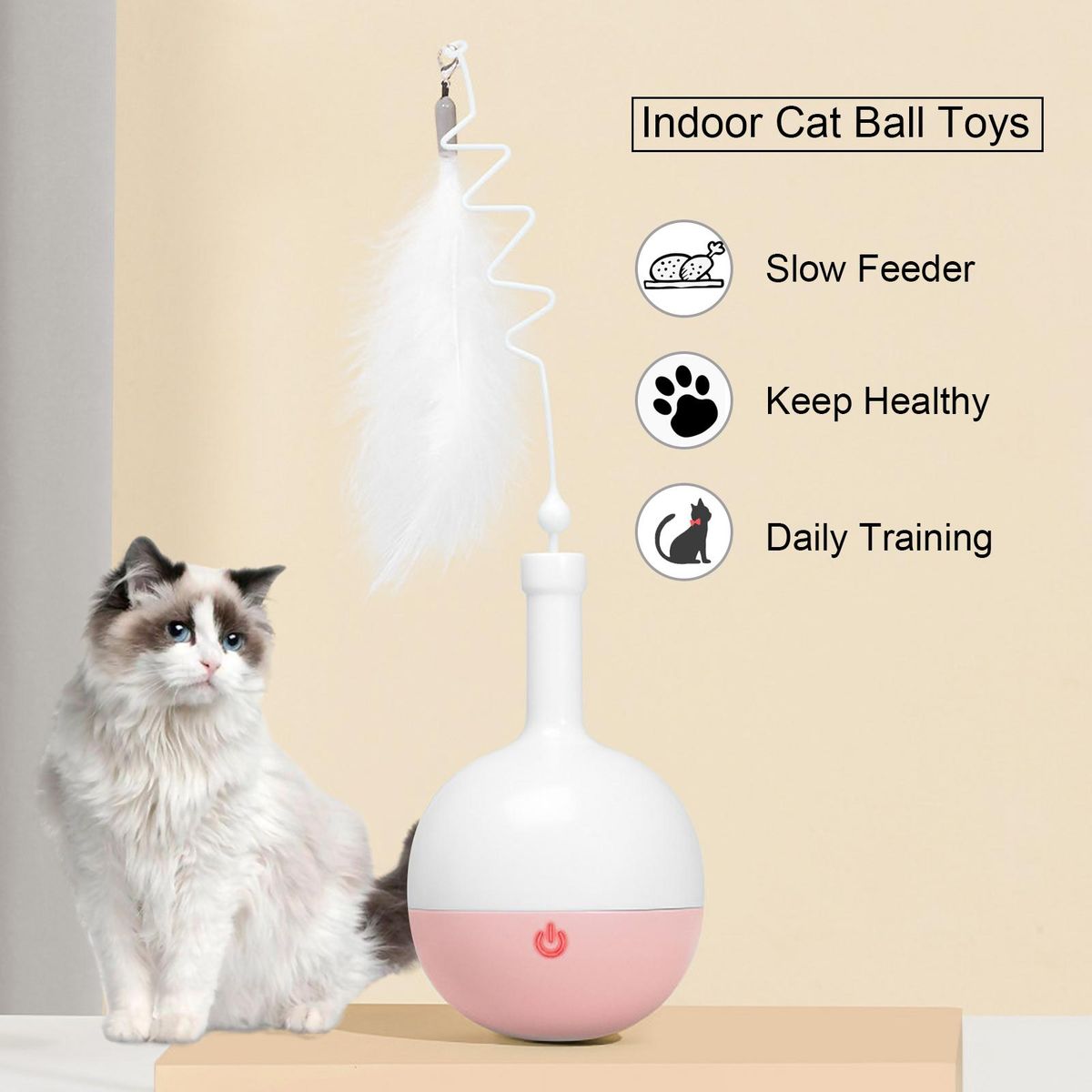 Interactive Cat Feeder Ball with Feather Slow Feeder Food Dispenser Ball Indoor Cat Ball Toys Self Rotating Ball for Daily Training