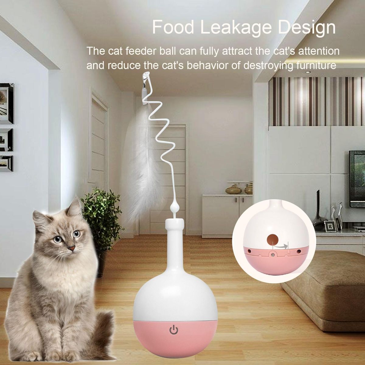 Interactive Cat Feeder Ball with Feather Slow Feeder Food Dispenser Ball Indoor Cat Ball Toys Self Rotating Ball for Daily Training