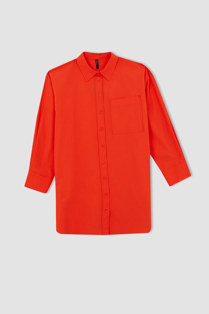 Woman Regular Fit Shirt Neck Long Sleeve Woven Tunic-Orange