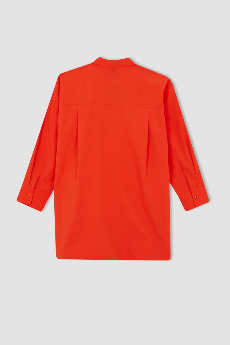 Woman Regular Fit Shirt Neck Long Sleeve Woven Tunic-Orange