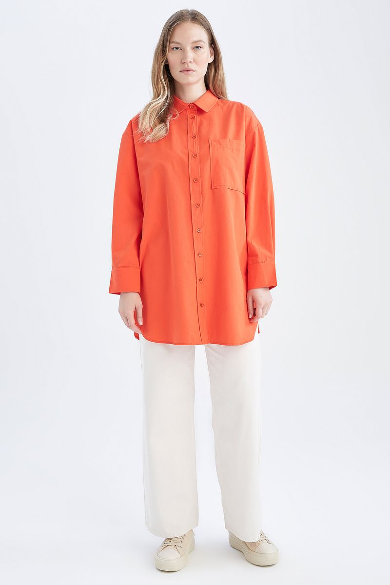 Woman Regular Fit Shirt Neck Long Sleeve Woven Tunic-Orange