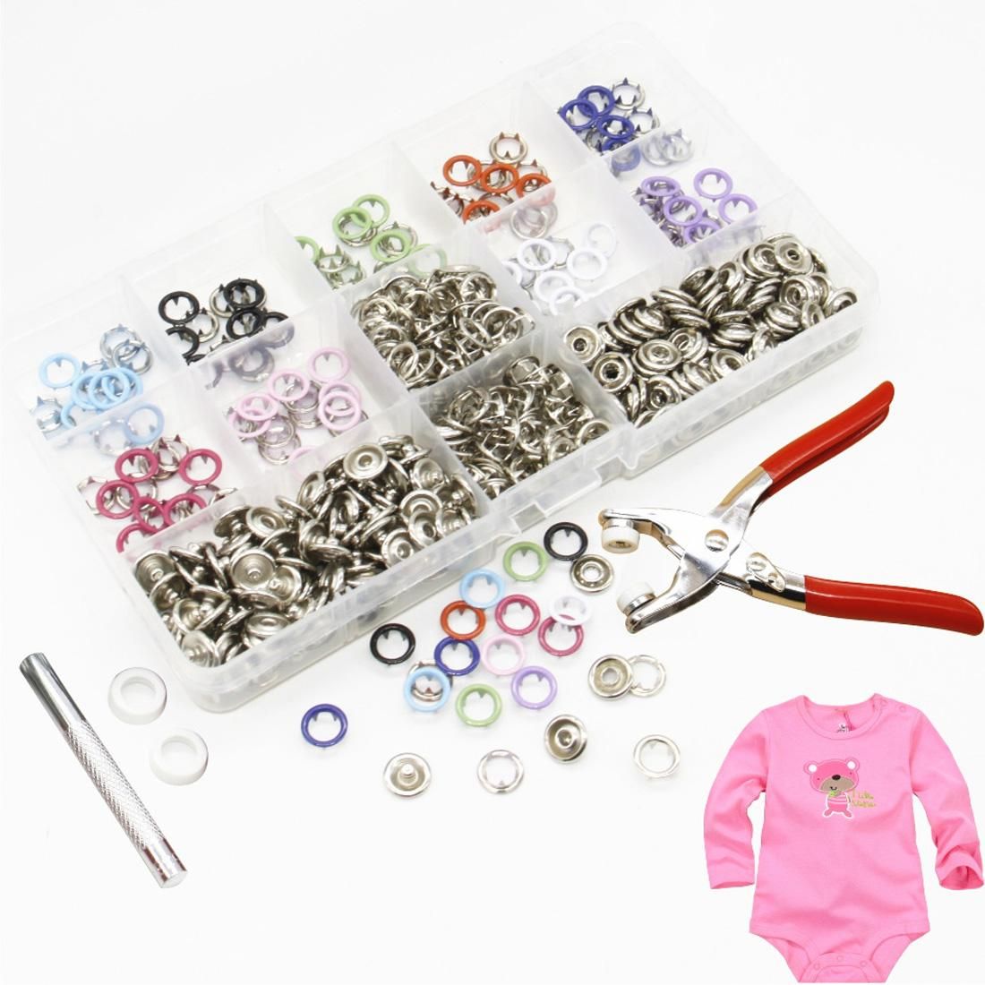 200 Sets Metal Snaps Buttons(9.5mm) with Pliers Press Tool Kit 10 Colors