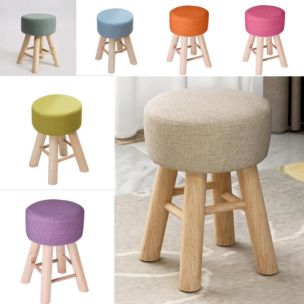 Round Footstool Made Of Cotton Fabric Cover Wooden Stool Green 28x13cm