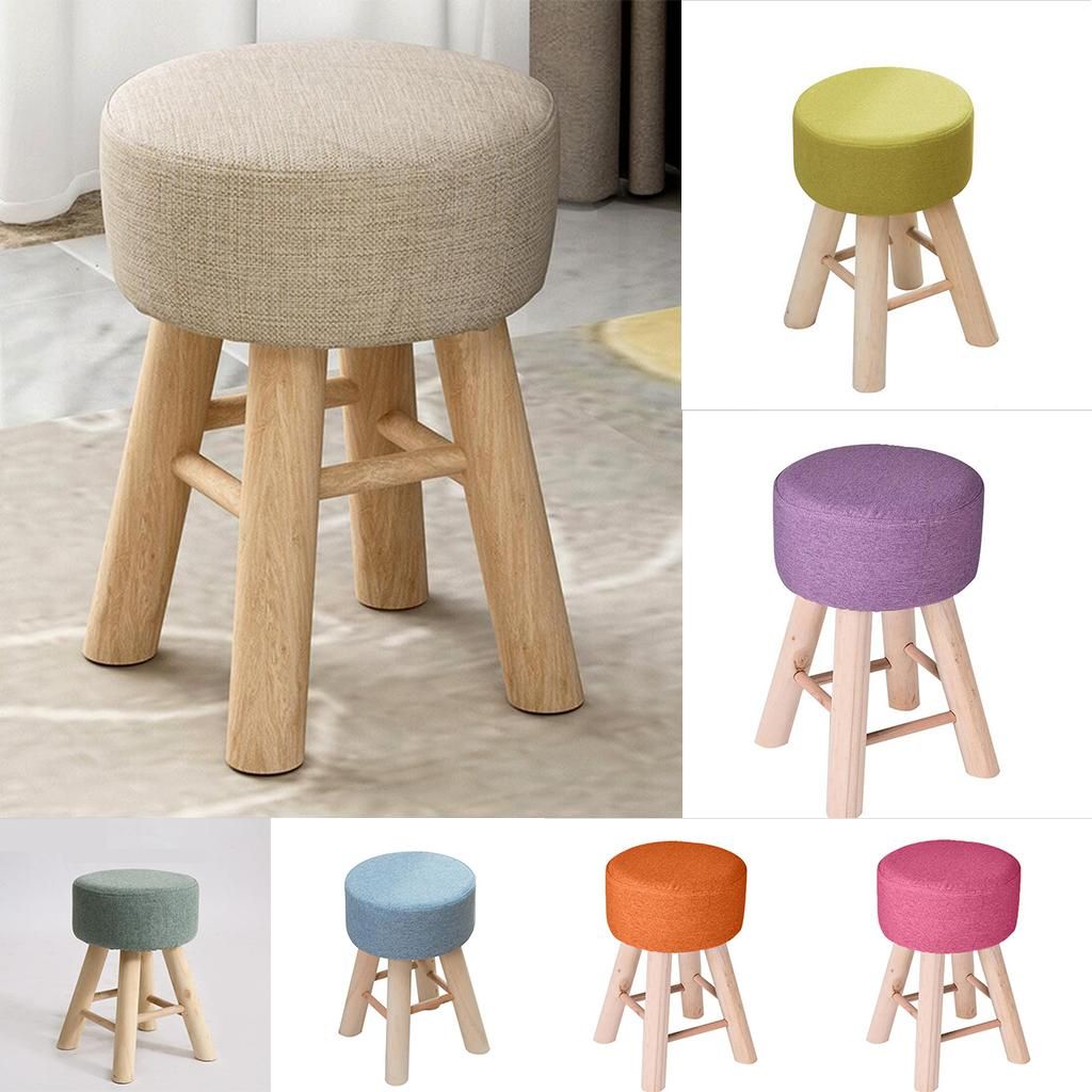 Round Footstool Made Of Cotton Fabric Cover Wooden Stool Green 28x13cm