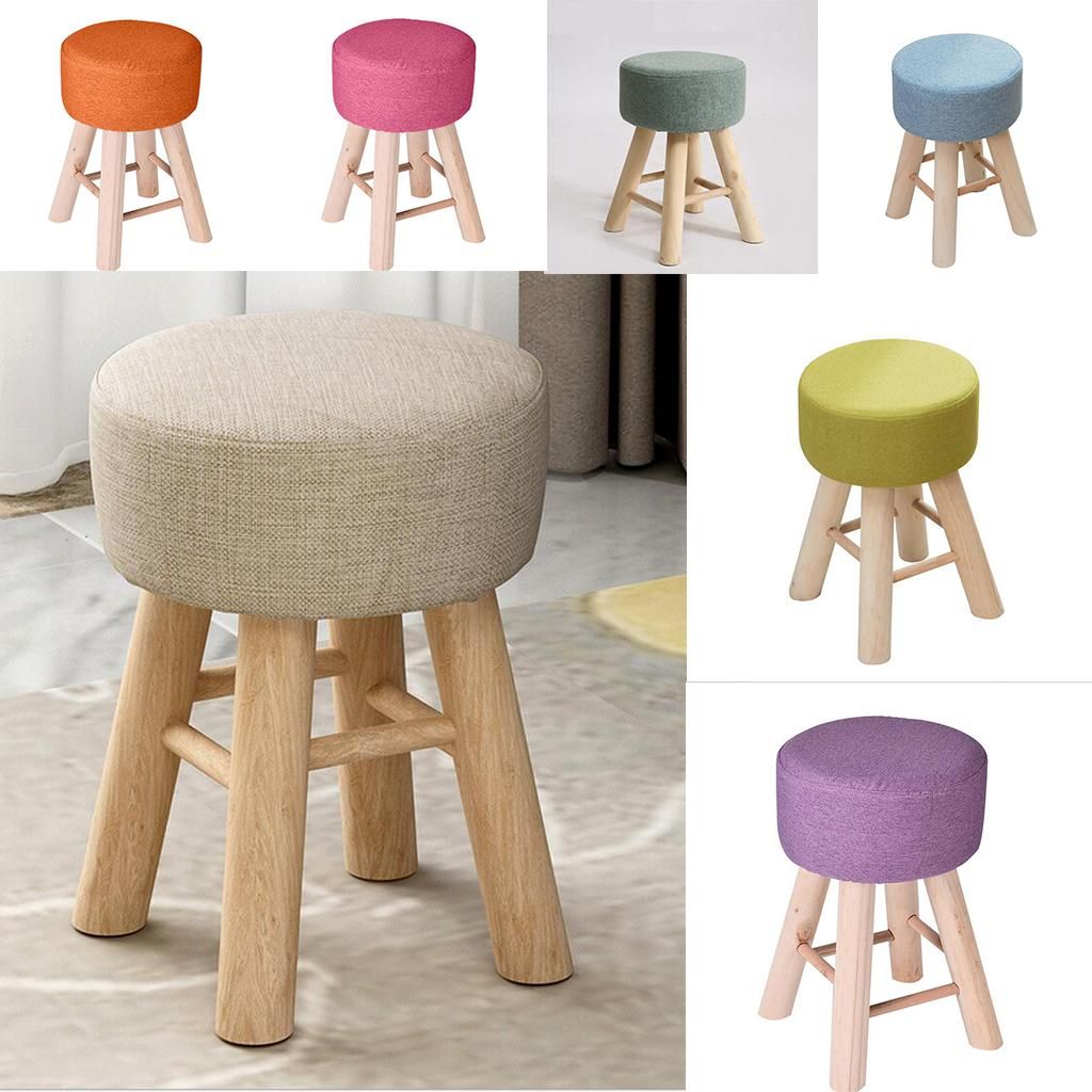 Round Footstool Made Of Cotton Fabric Cover Wooden Stool Green 28x13cm
