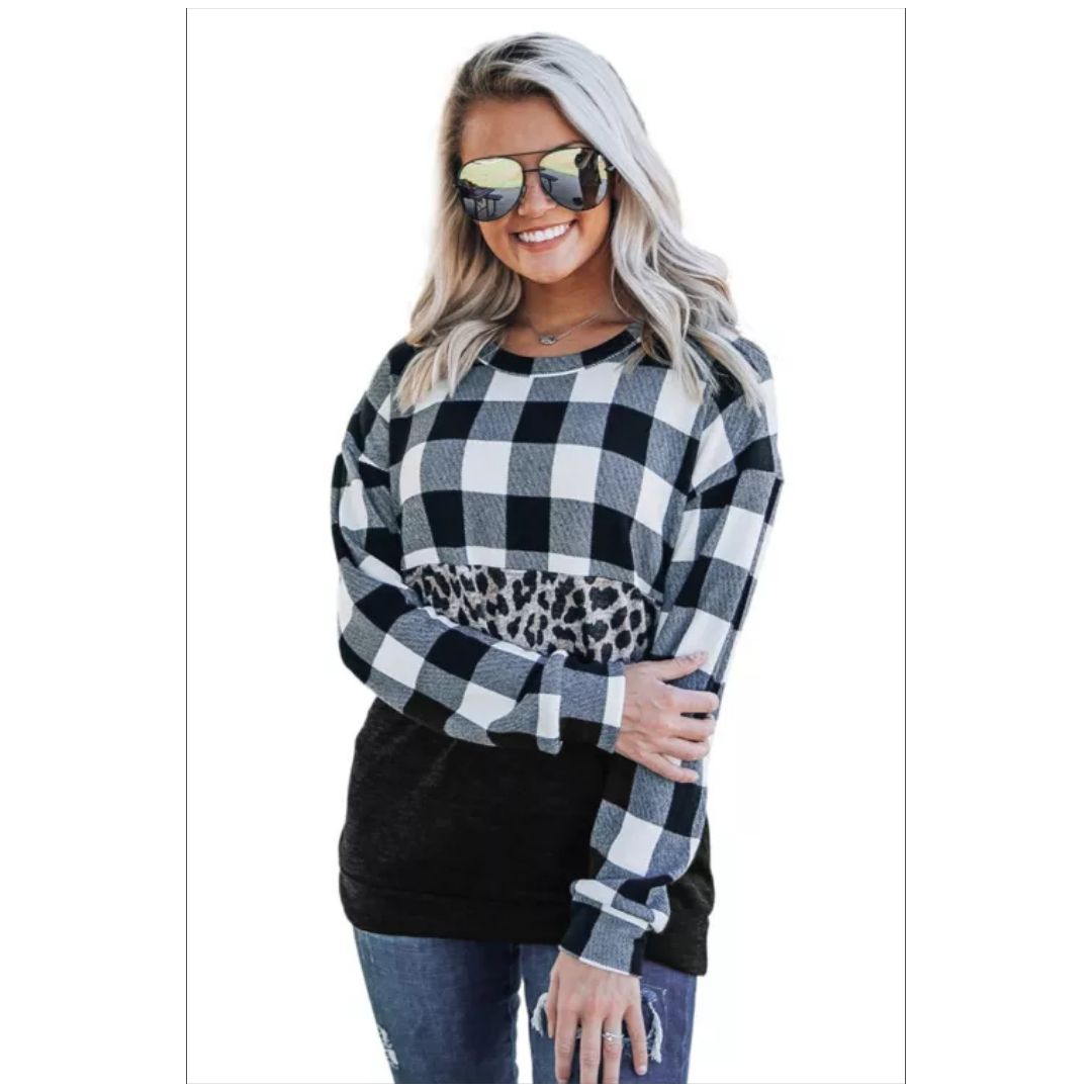 Mfed Black Plaid Leopard Print Splicing Sweatshirt