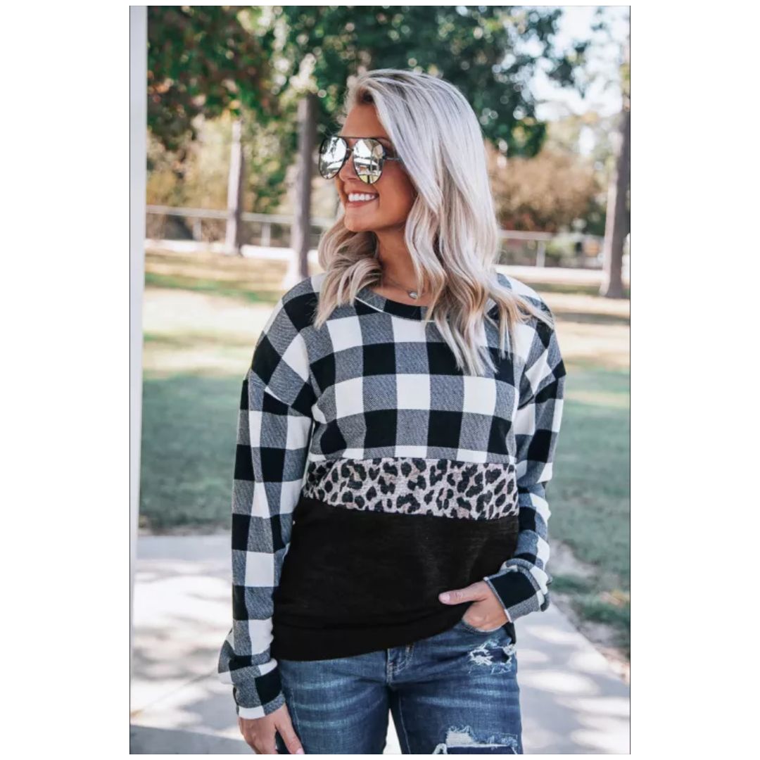 Mfed Black Plaid Leopard Print Splicing Sweatshirt