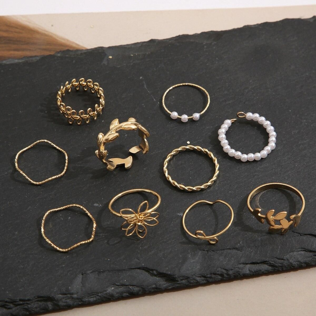 Leaf ring female designer sense of minority simple retro pearl joint ring set of 10
