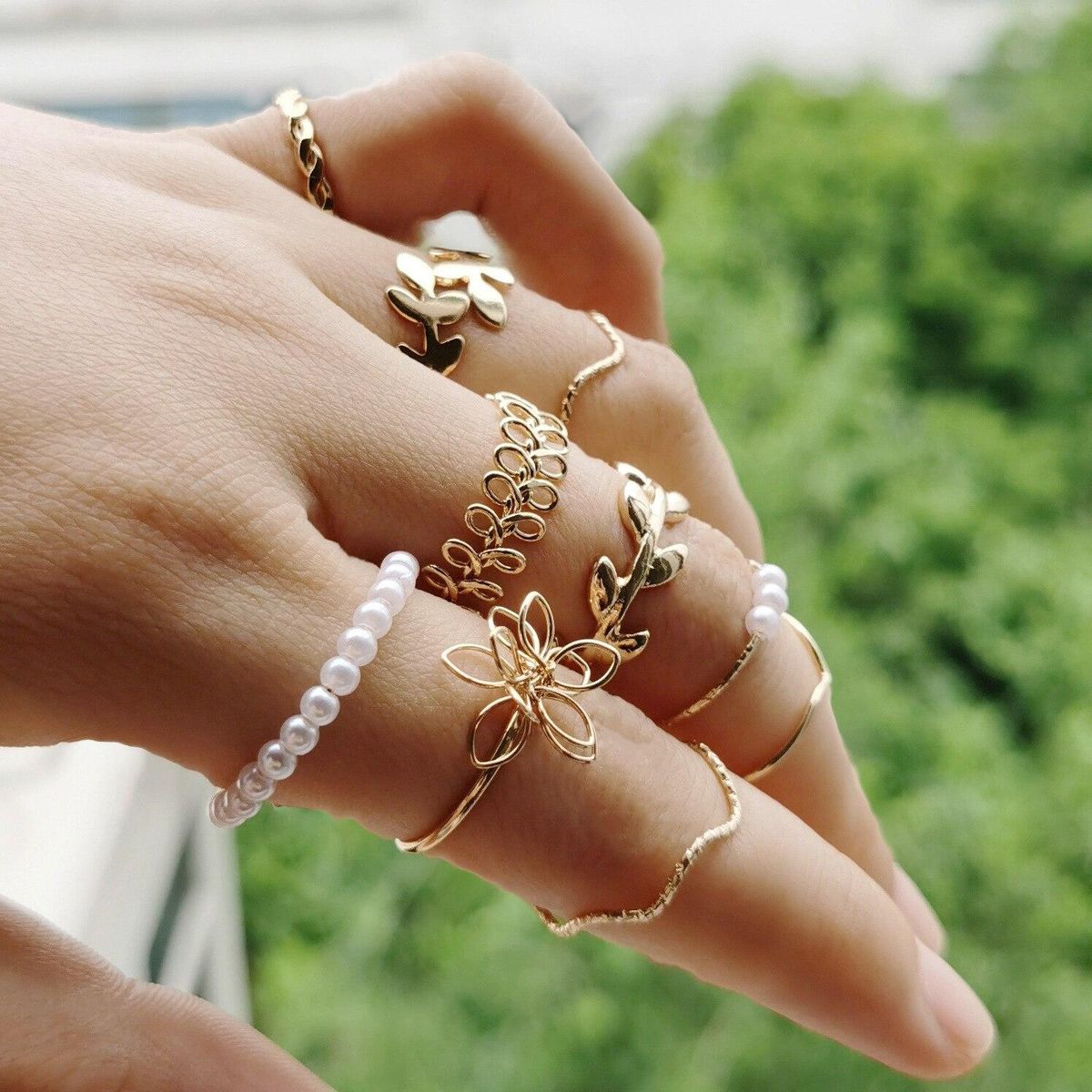 Leaf ring female designer sense of minority simple retro pearl joint ring set of 10