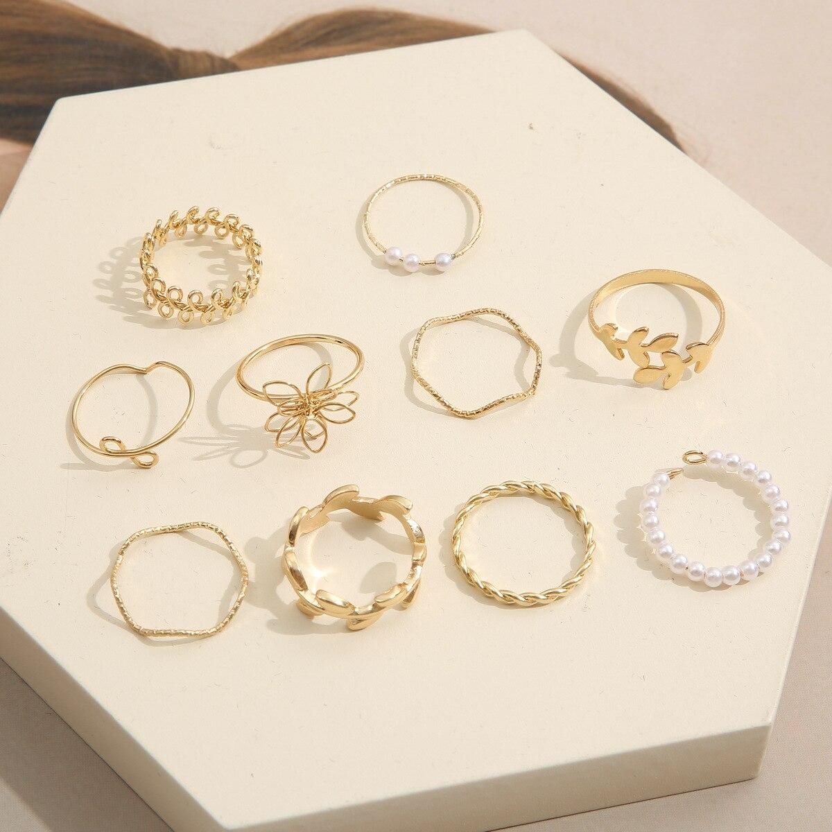 Leaf ring female designer sense of minority simple retro pearl joint ring set of 10