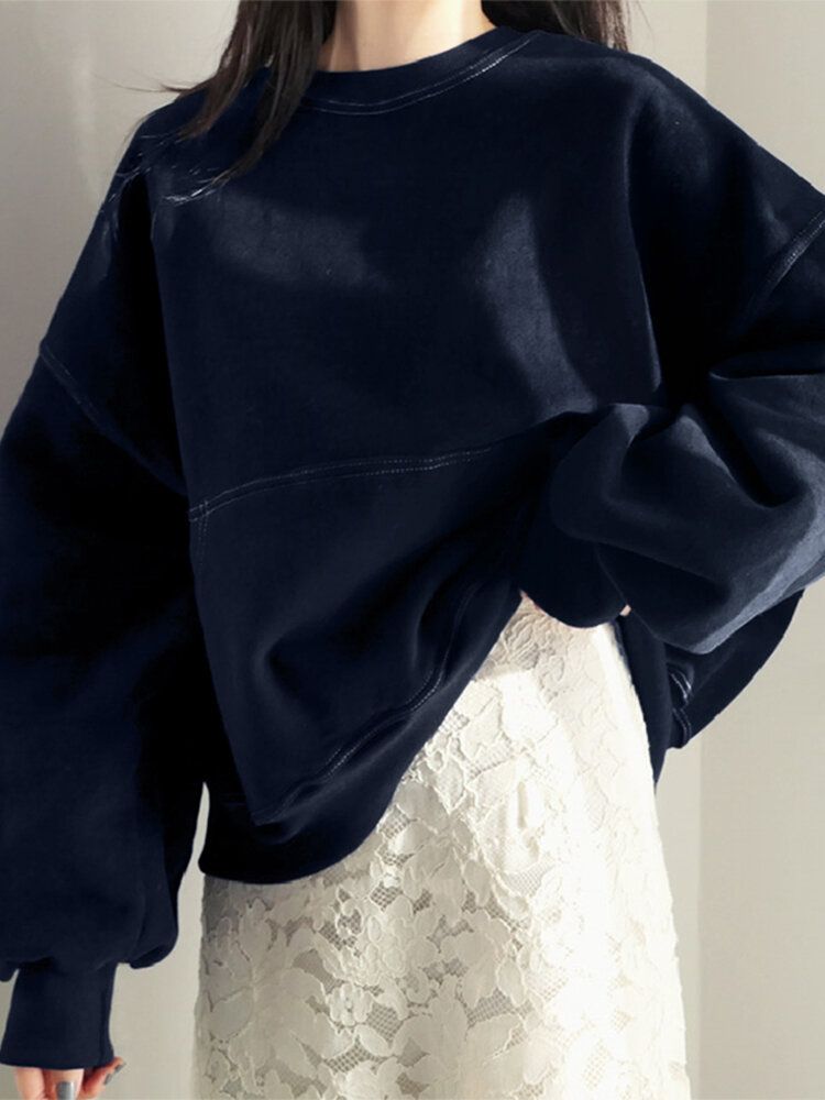 Women Solid Color Raglan Round Neck Kangaroo Pocket Long Sleeve Pullover Sweatshirt-Orange