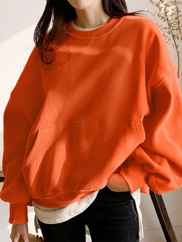Women Solid Color Raglan Round Neck Kangaroo Pocket Long Sleeve Pullover Sweatshirt-Orange