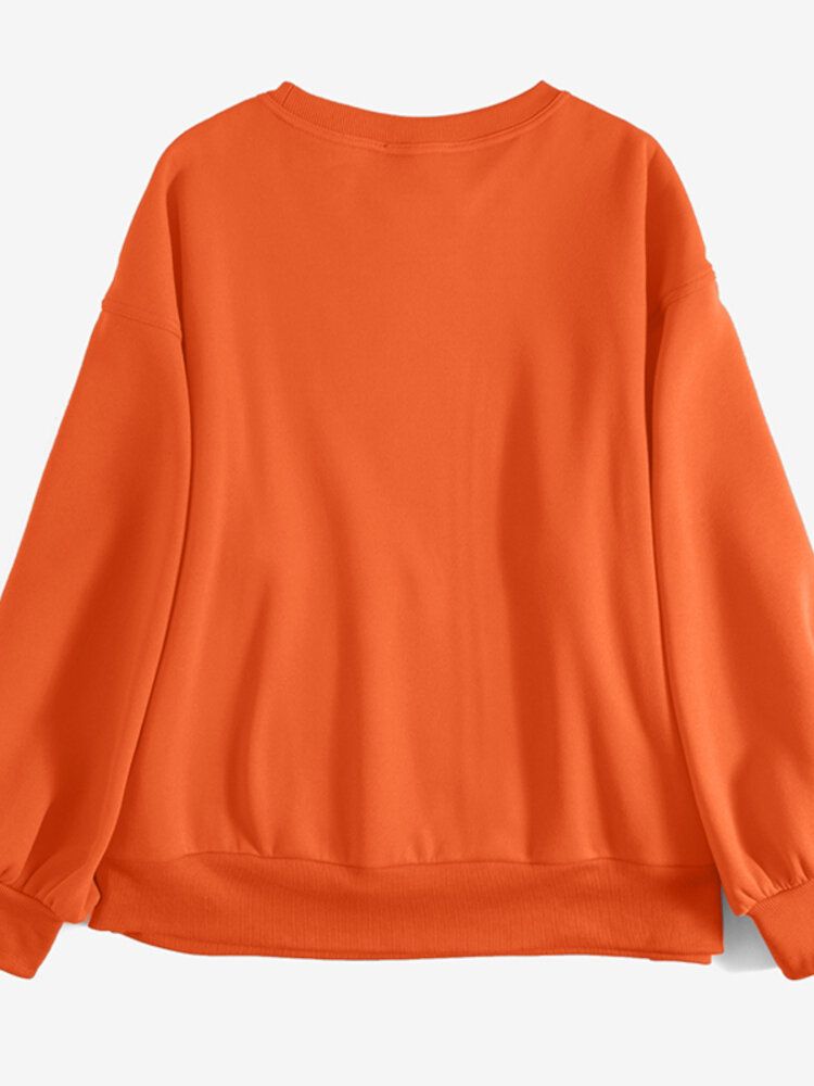 Women Solid Color Raglan Round Neck Kangaroo Pocket Long Sleeve Pullover Sweatshirt-Orange