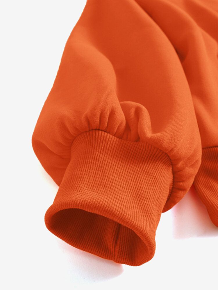 Women Solid Color Raglan Round Neck Kangaroo Pocket Long Sleeve Pullover Sweatshirt-Orange