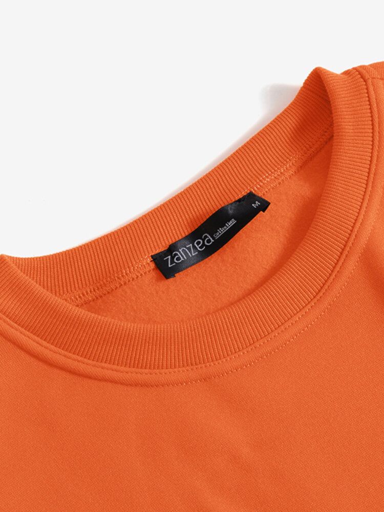 Women Solid Color Raglan Round Neck Kangaroo Pocket Long Sleeve Pullover Sweatshirt-Orange