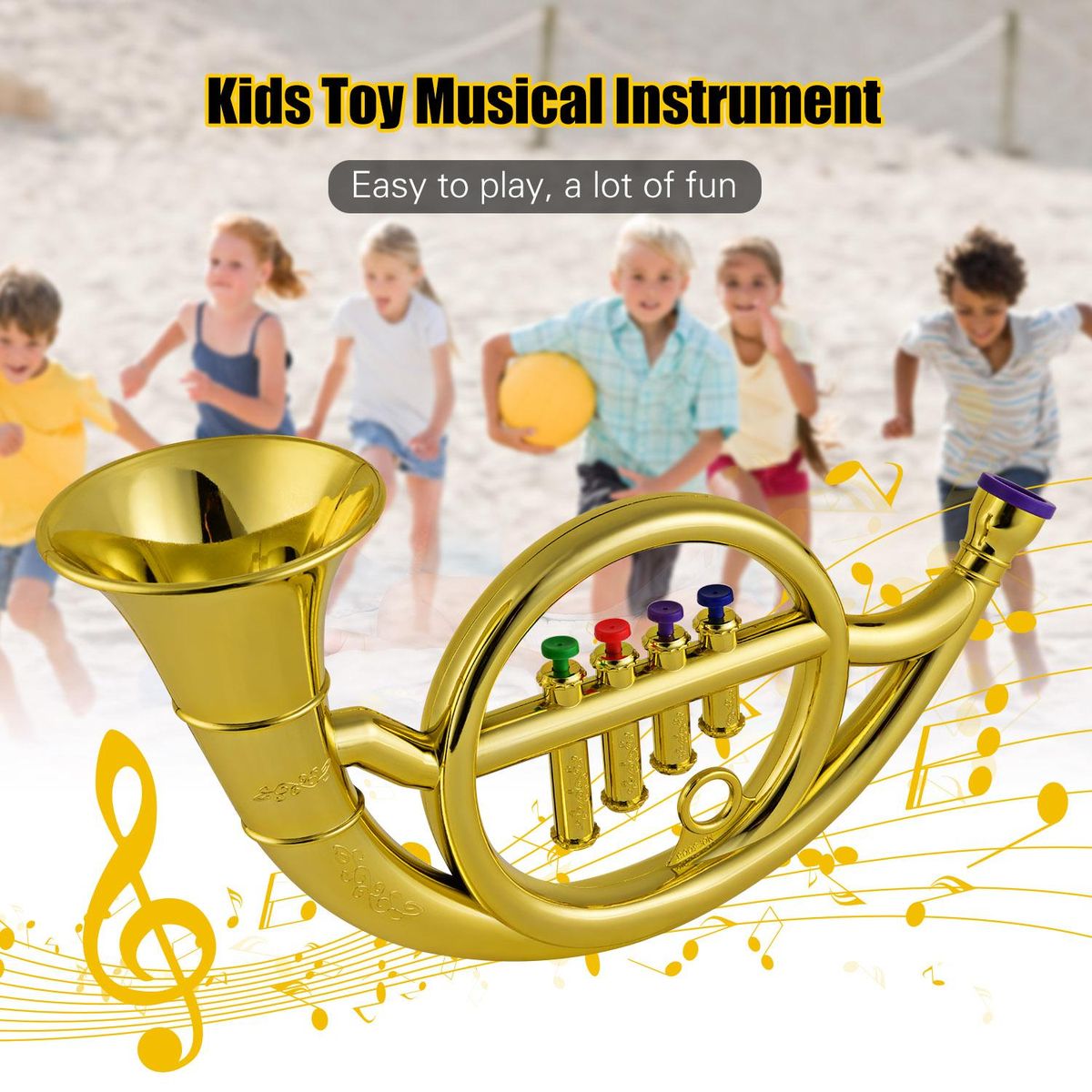 Musical Wind Instruments French Horn for Kids Toddlers ABS Metallic Gold Horn with 4 Colored Keys