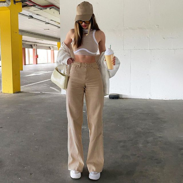 Rockmore Brown Vintage Baggy Jeans Women 90s Streetwear Pockets Wide Explosive